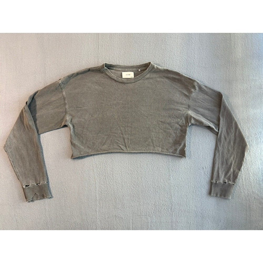 Joah Brown Washed Grey Long Sleeve Crop Top One Size Distressed Raw Hem Cotton